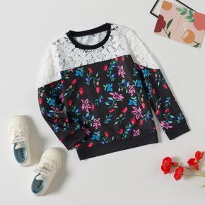 Kid Girl Lace Design Floral Print Pullover Sweatshirt